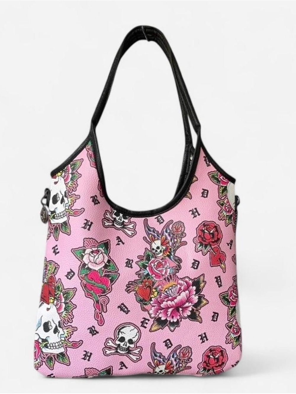 Ed Hardy Pink Floral & Skull Shoulder Bag with Black Straps